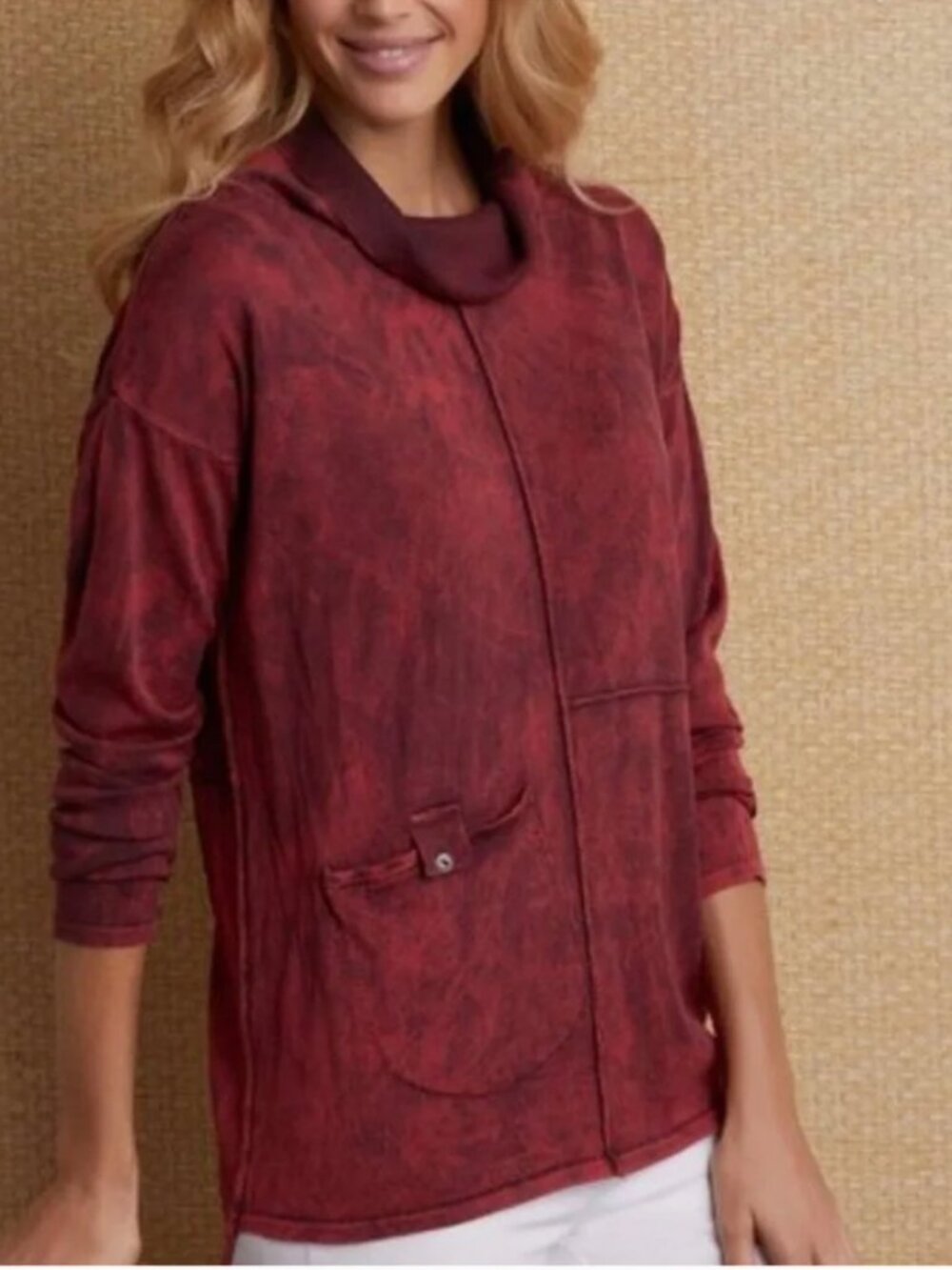 Soft Surroundings Red Acid Wash Cowl Neck Pocket City Wall Pullover Tie dye